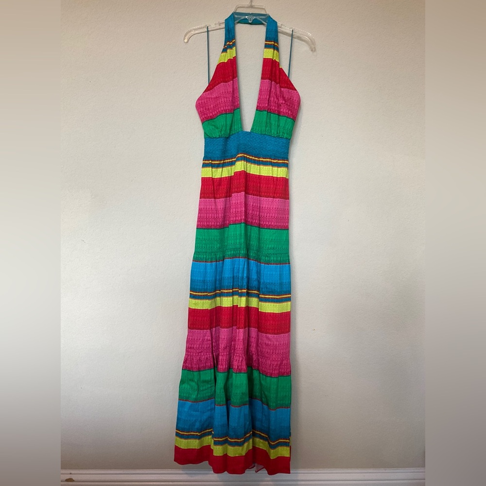 Alice + Olivia NWT Lyndon Multicolor Cabo Stripe Maxi Dress Halter Cut Out Flowy - Picture 5 of 16